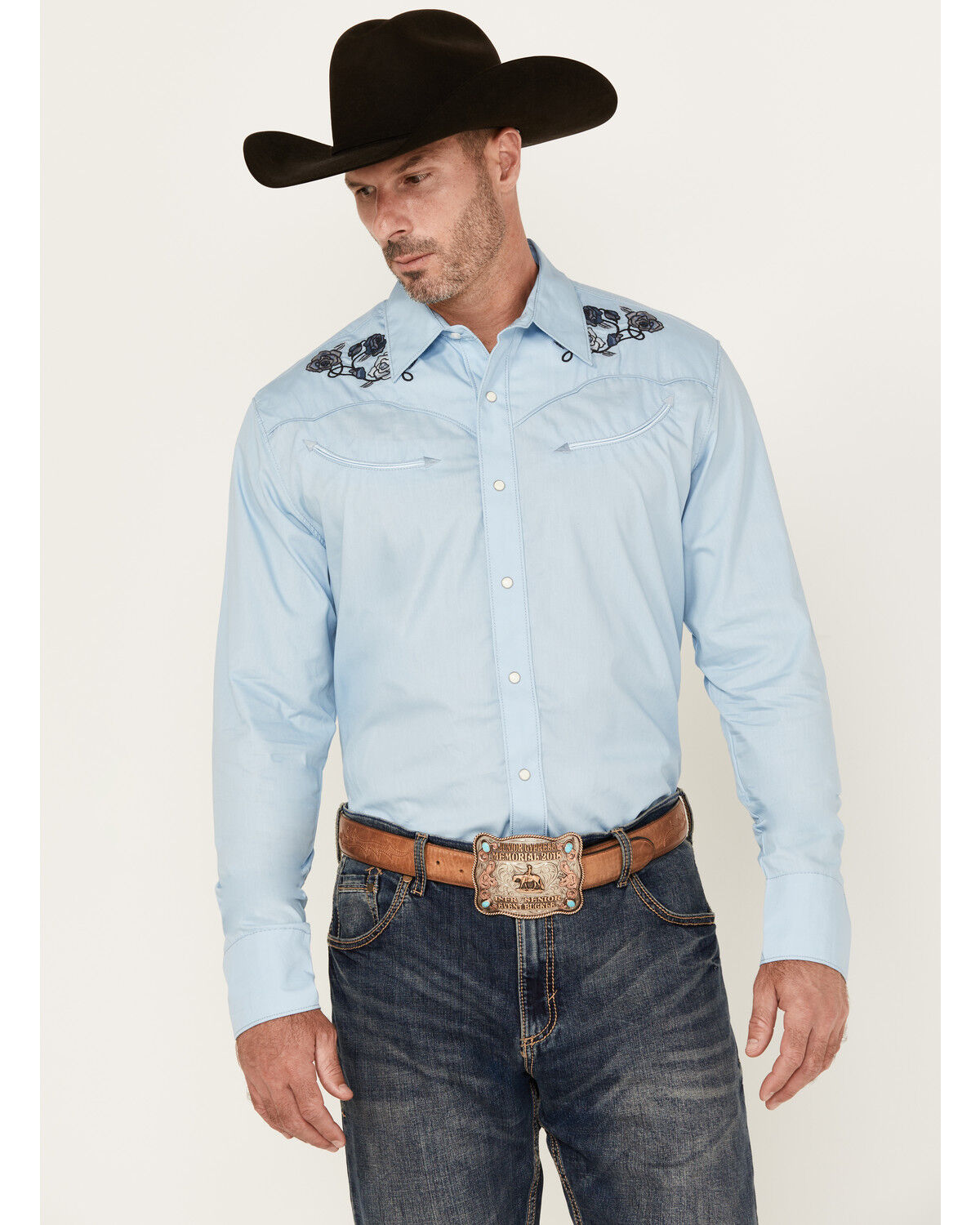 Image #1 - Wrangler Men's Floral Embroidered Long Sleeve Snap Western Shirt, Light Blue, hi-res
