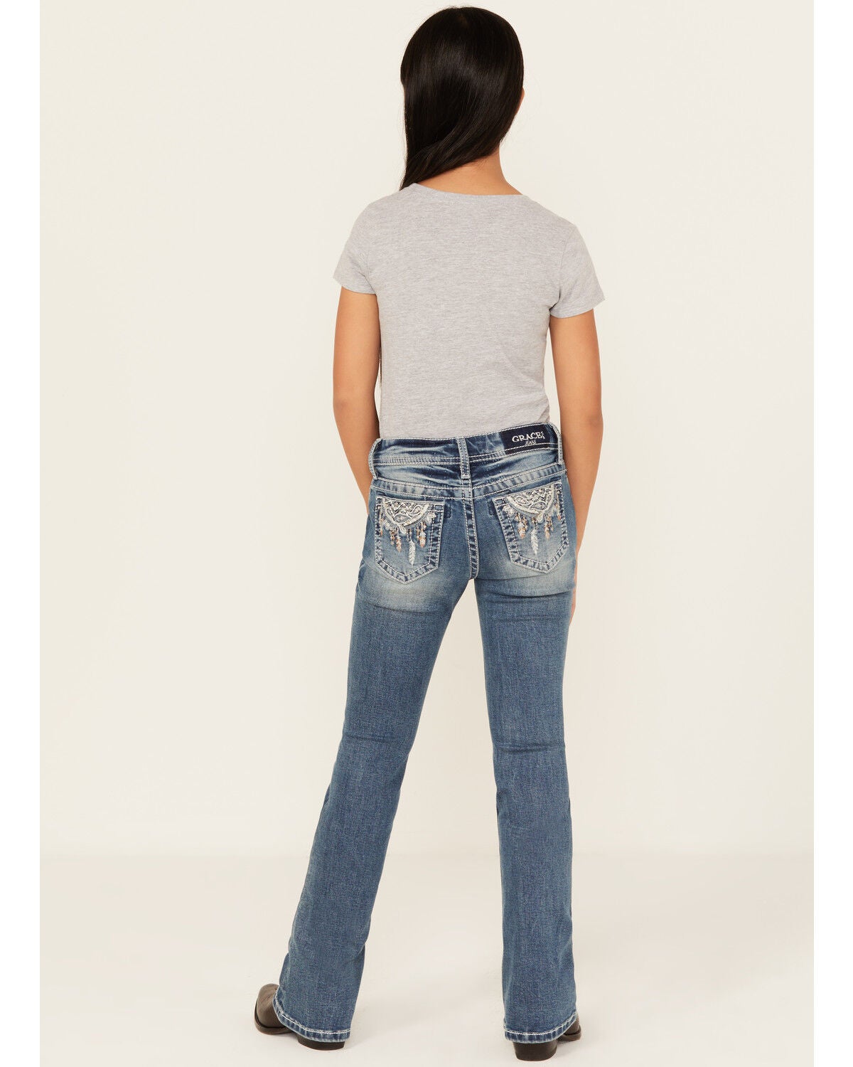 Grace In LA Girls' Medium Wash Dreamcatcher Bootcut Stretch Denim Jeans, Blue, hi-res