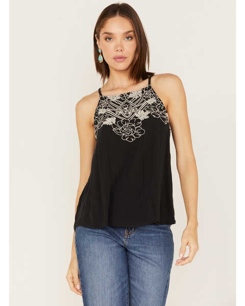 Image #1 - Eyeshadow Women's Floral Embroidered Tank Top, Black, hi-res