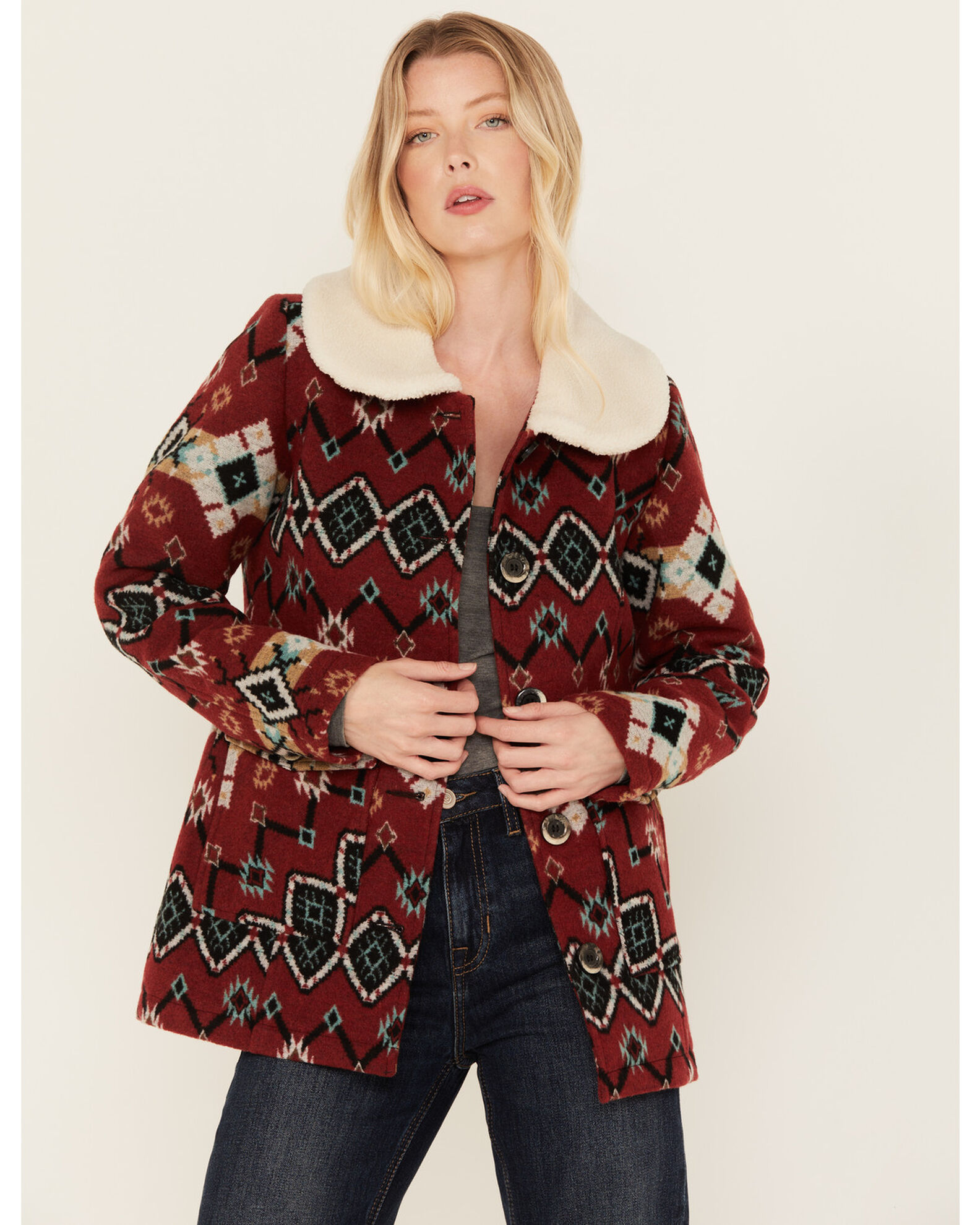Powder River Outfitters Women s Southwestern Print Jacquard Wool Berber Coat Sheplers