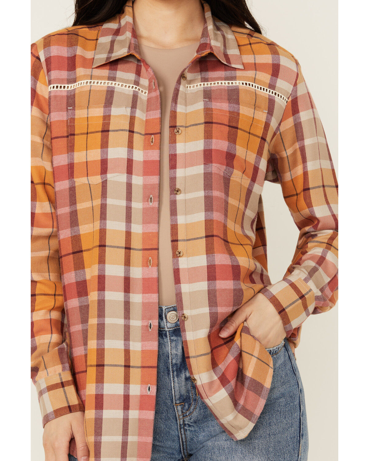 Image #3 - Shyanne Women's Plaid Print Long Sleeve Button-Down Western Shirt, Gold, hi-res