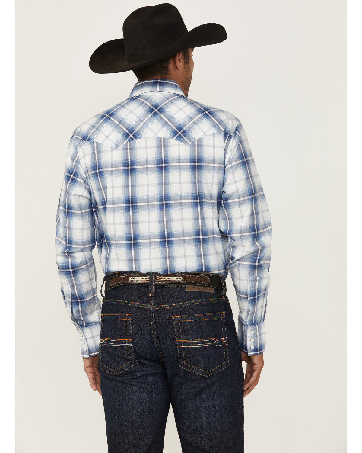 Image #4 - Wrangler Retro Men's Plaid Print Long Sleeve Snap Western Shirt, Blue, hi-res