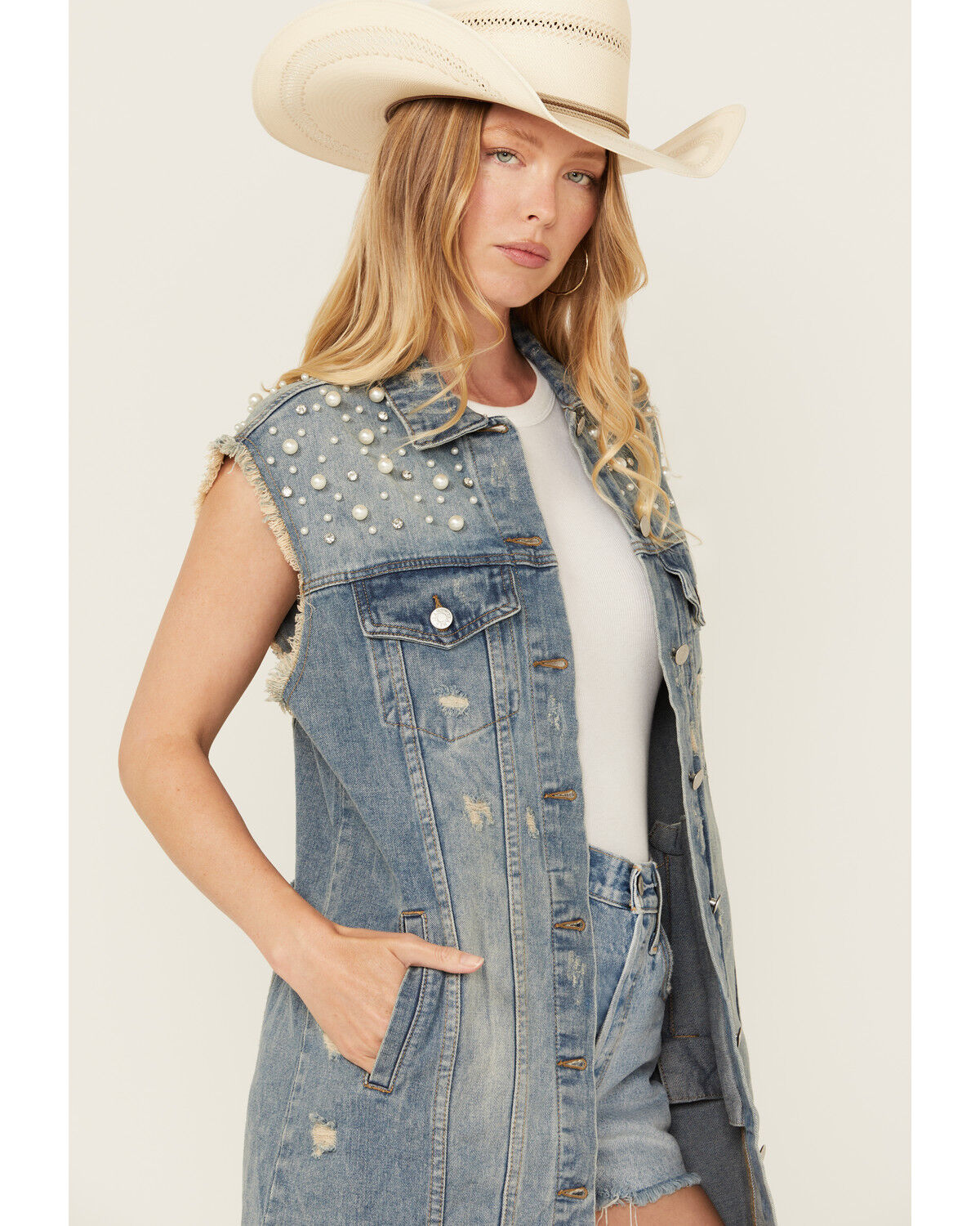 Image #2 - Veveret Women's Pearl Long Denim Vest, Medium Wash, hi-res