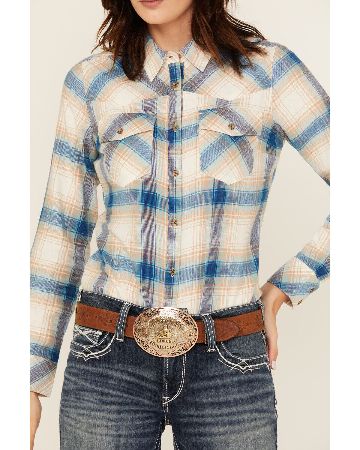 Image #3 - Shyanne Women's Plaid Print Long Sleeve Button-Down Western Shirt, Ivory, hi-res