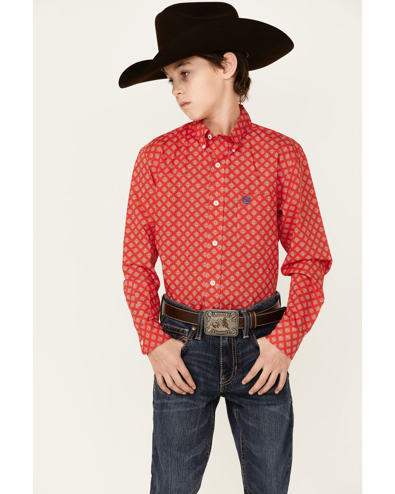 Cinch Boys' Geo Print Long Sleeve Button-Down Shirt, Red, hi-res