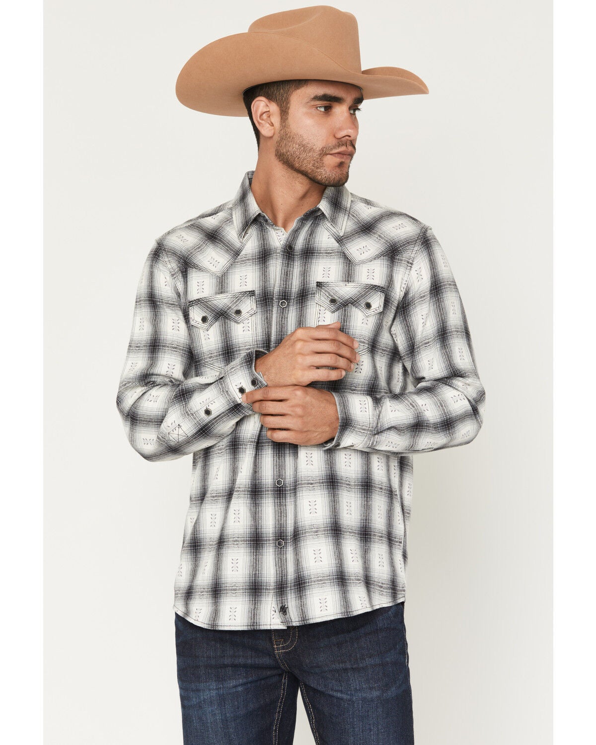 Image #1 - Moonshine Spirit&reg; Men's Smoke Stack Plaid Print Long Sleeve Snap Western Shirt, Ivory, hi-res