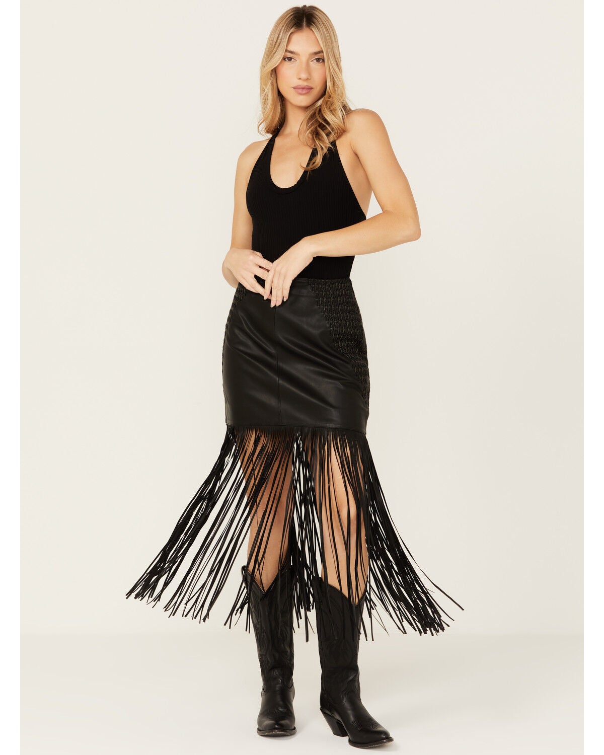 Wonderwest Women's Chain and Braid Fringe Leather Skirt, Black, hi-res