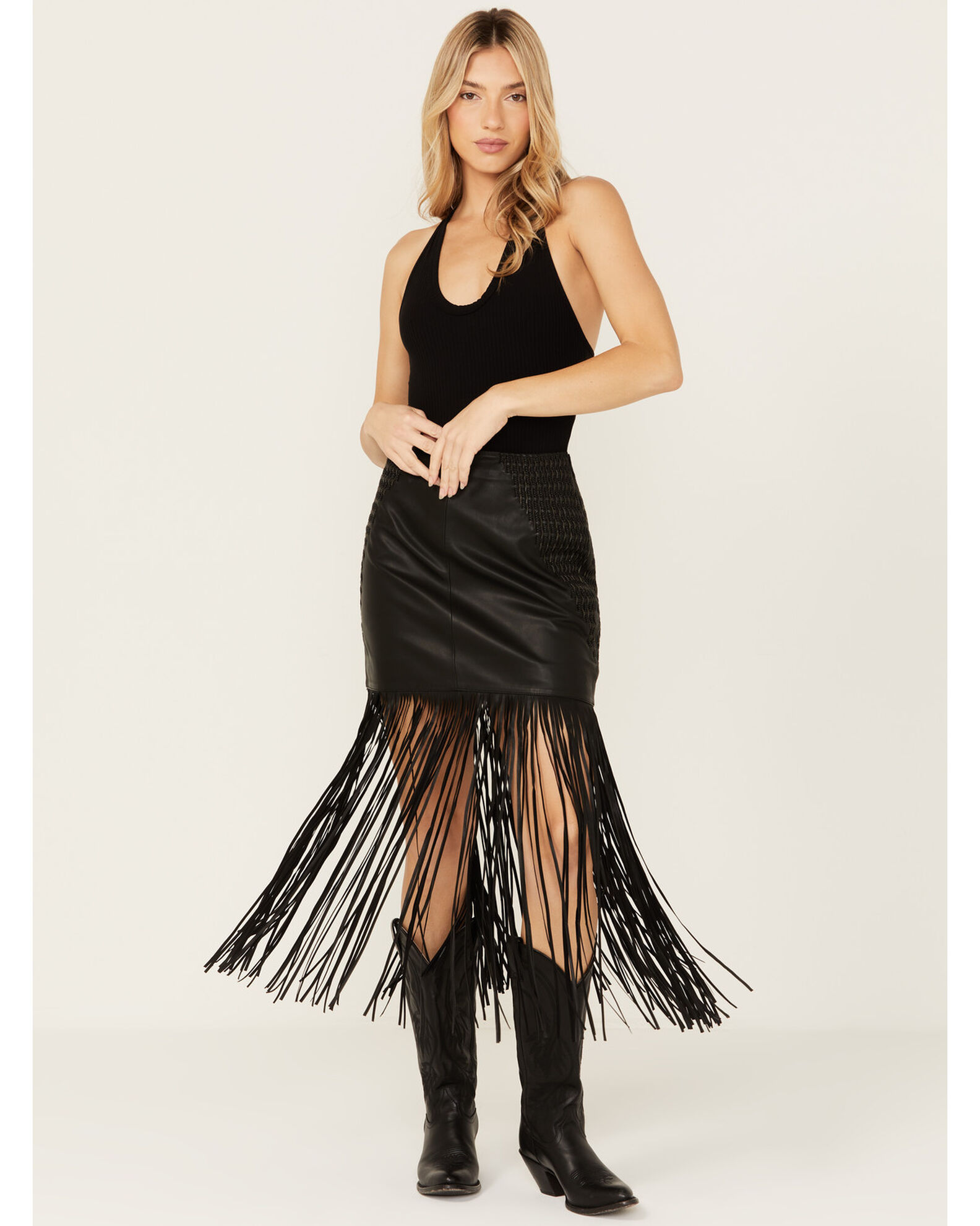 Wonderwest Women s Chain and Braid Fringe Leather Skirt Sheplers