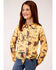 Roper Girls' Retro Rodeo Print Long Sleeve Snap Western Shirt, Yellow, hi-res