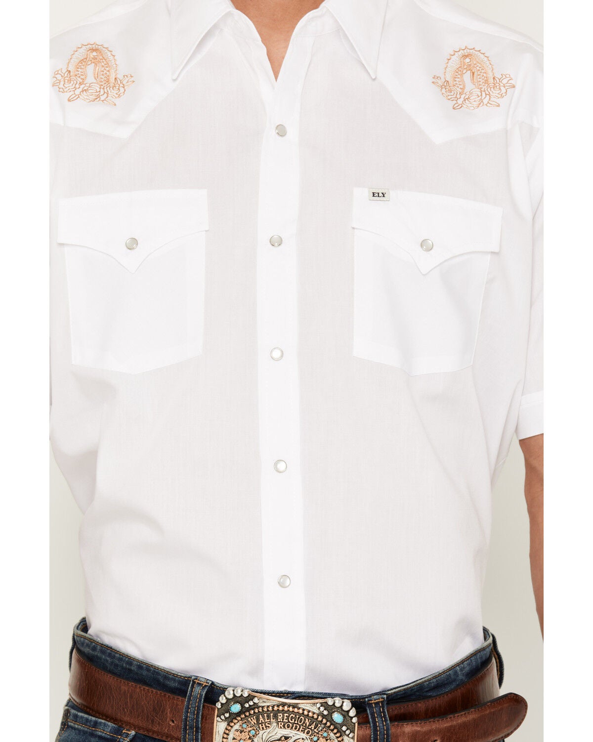 Image #3 - Ely Walker Men's Mother Mary Embroidered Short Sleeve Pearl Snap Western Shirt, White, hi-res