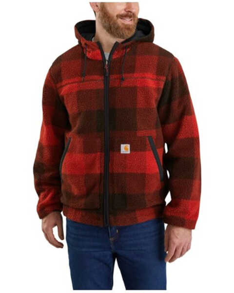 Carhartt Men's Plaid Print Reversible Zip-Front Rain Defender Fleece Work Jacket , Red, hi-res
