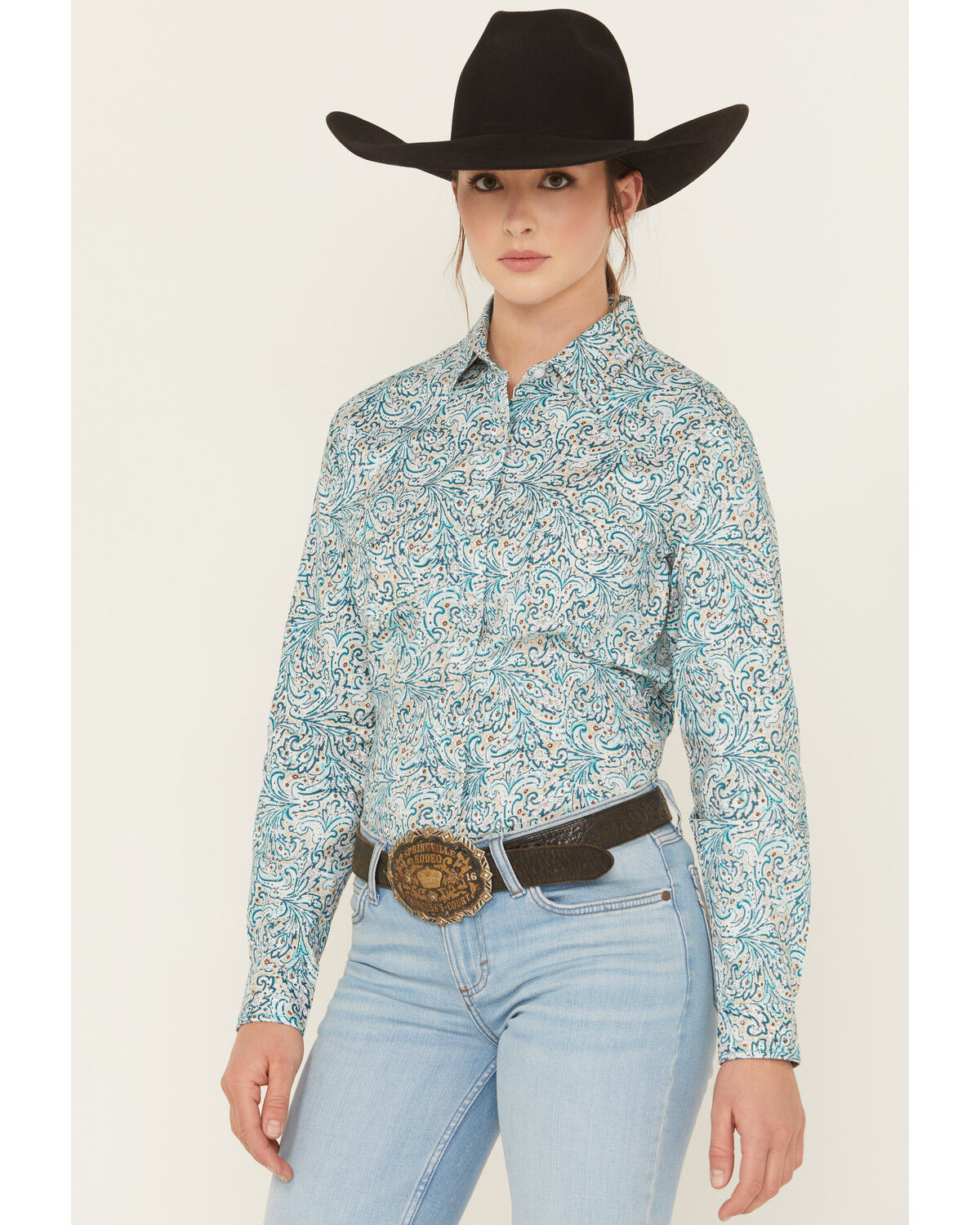 Image #1 - Rough Stock by Panhandle Women's Paisley Print Long Sleeve Pearl Snap Stretch Western Shirt, Turquoise, hi-res
