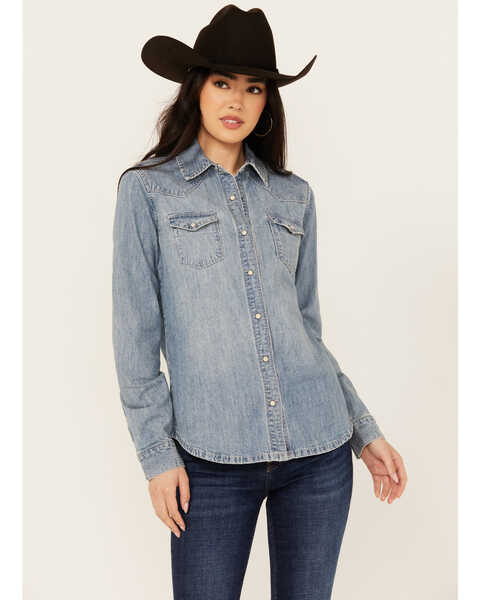 Image #1 - Stetson Women's Medium Wash Embroidered Cowboy Long Sleeve Pearl Snap Denim Shirt , Blue, hi-res