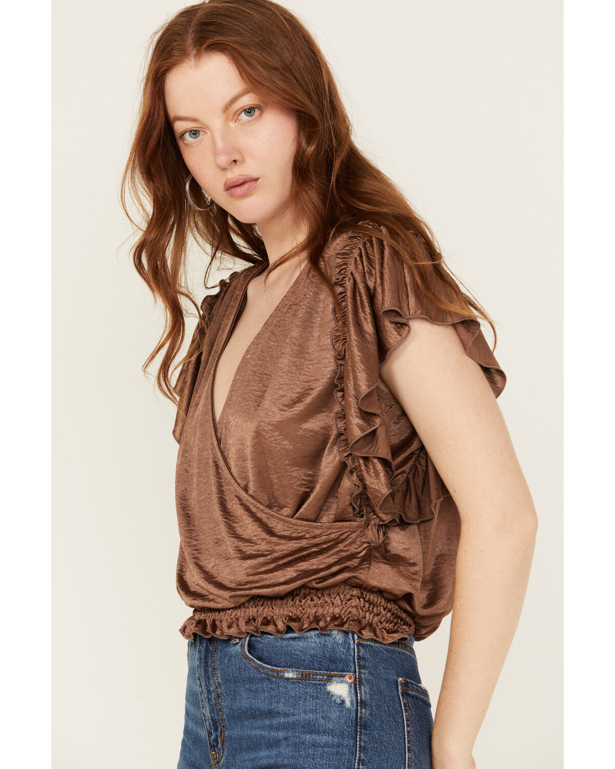 Image #3 - Wild Moss Women's Metallic Flutter Short Sleeve Top, Brown, hi-res