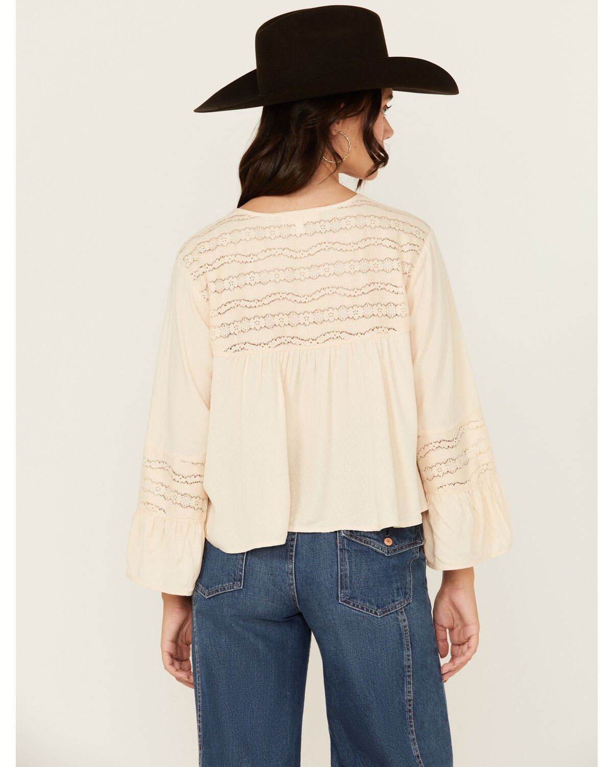 Image #4 - Cleo + Wolf Women's Lace Front Long Sleeve Peasant Top, Oatmeal, hi-res
