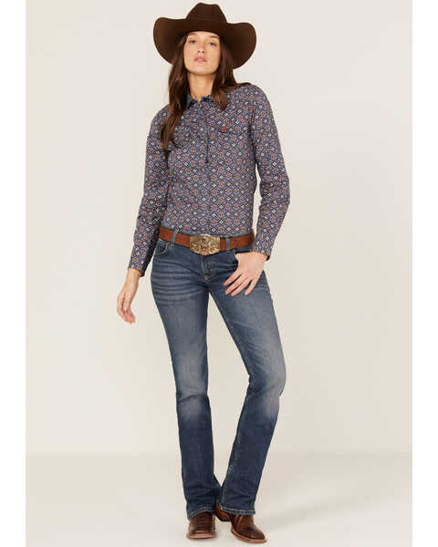 Image #2 - Cinch Women's Tile Print Long Sleeve Snap Western Core Shirt, Blue, hi-res