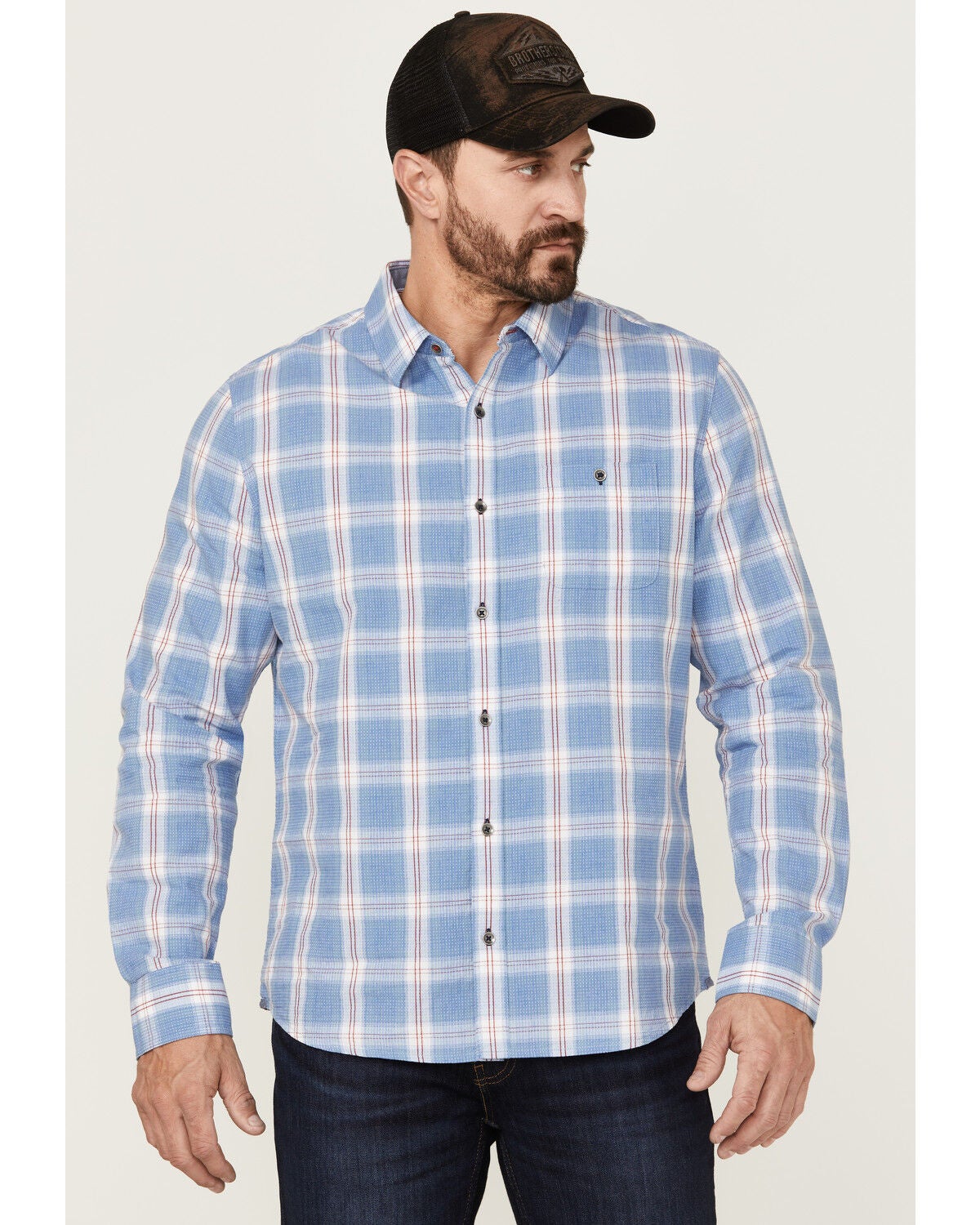 Flag & Anthem Men's Sanderson Dobby Plaid Long Sleeve Button Down Western Shirt, Blue, hi-res