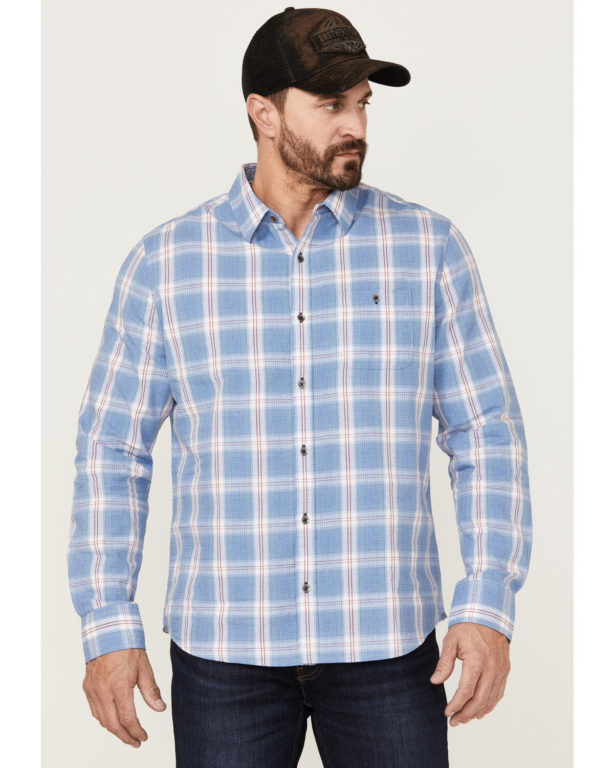 Image #1 - Flag & Anthem Men's Sanderson Dobby Plaid Long Sleeve Button Down Western Shirt, Blue, hi-res