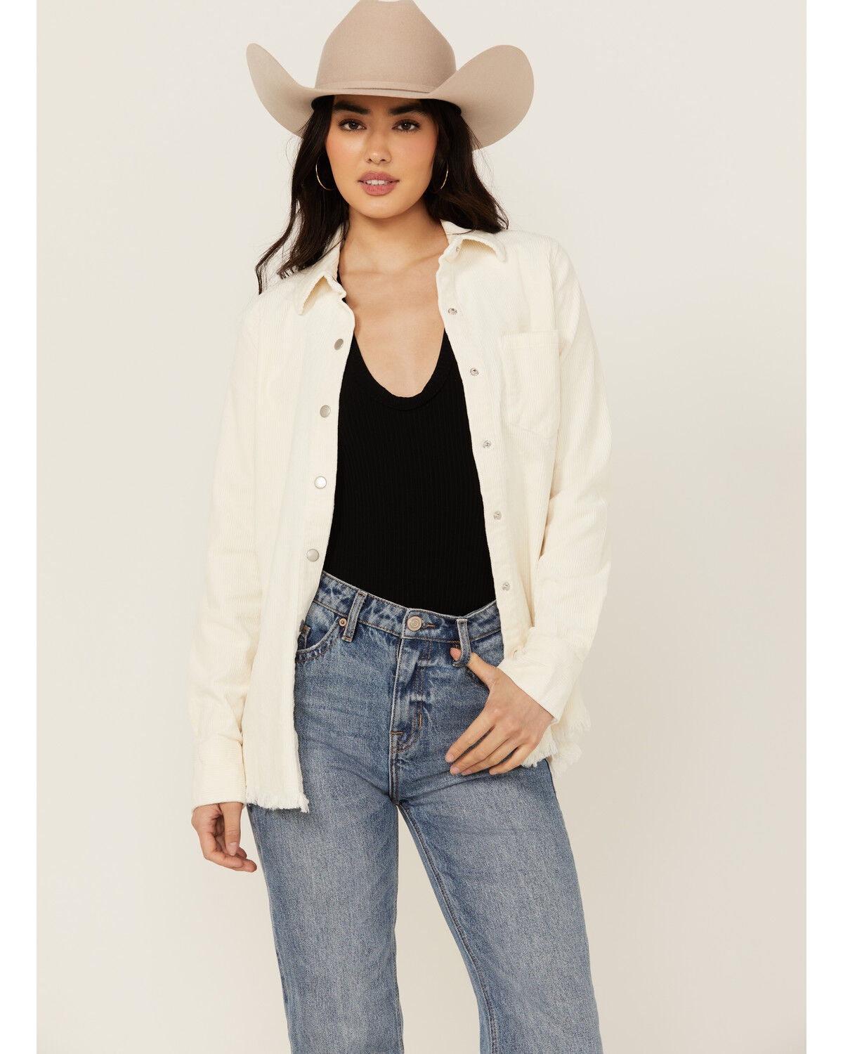 Image #1 - Rock & Roll Denim Women's Corduroy Long Sleeve Snap Shirt, Cream, hi-res