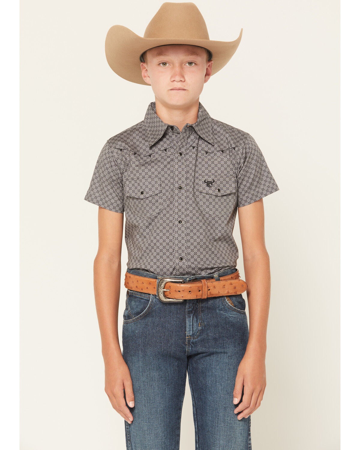 Cowboy Hardware Boys' Geo Print Short Sleeve Snap Western Shirt, Grey, hi-res