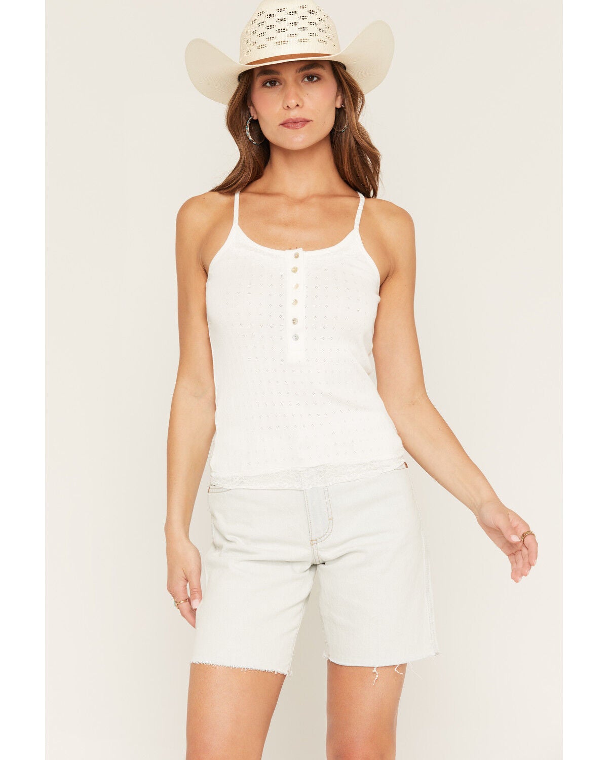 Image #1 - Blue Life Women's Lace Button Tank, White, hi-res