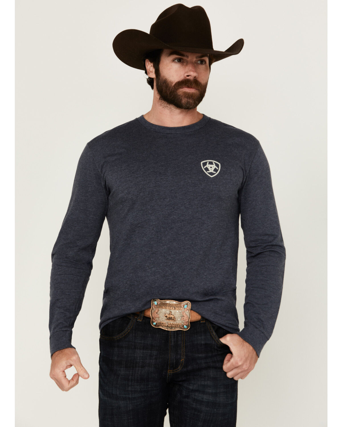 Image #2 - Ariat Men's Saltillo Lockup Long Sleeve Graphic Shirt, Heather Blue, hi-res
