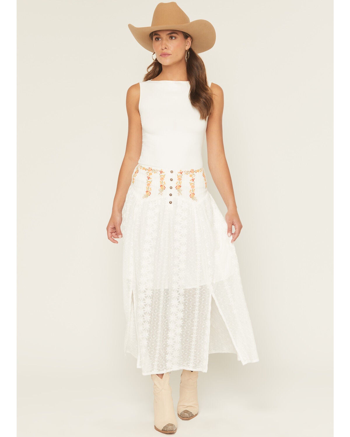 Miss Me Women's Lace Floral Embroidered Button-Front Midi Skirt, White, hi-res