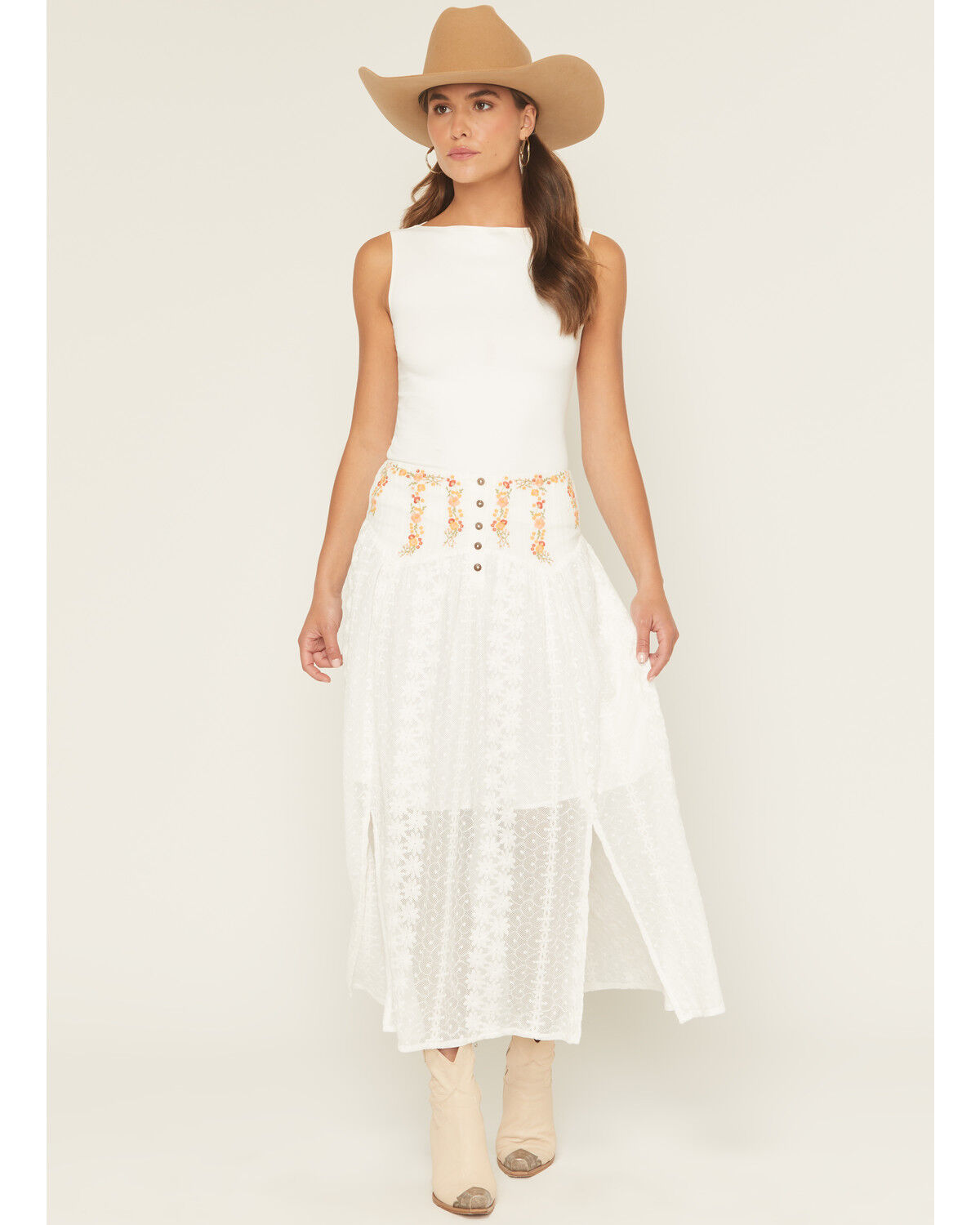 Image #1 - Miss Me Women's Lace Floral Embroidered Button-Front Midi Skirt, White, hi-res