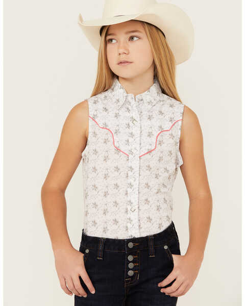 Image #1 - Rock & Roll Denim Girls' Floral Print Sleeveless Snap Western Shirt, White, hi-res