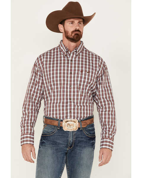 Image #1 - Wrangler Men's Plaid Print Long Sleeve Button Down Western Shirt, Red, hi-res