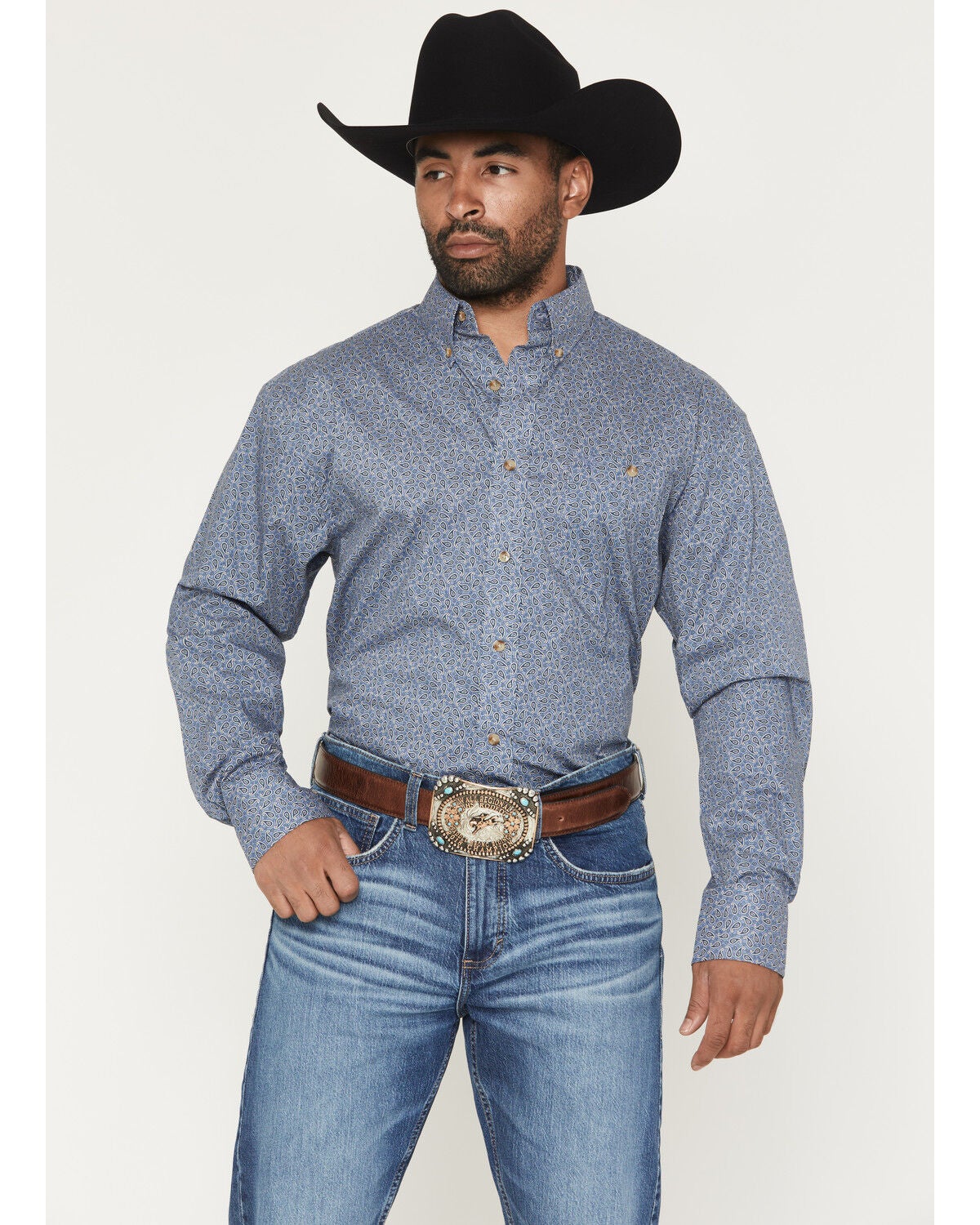 Wrangler Men's Paisley Print Long Sleeve Button-Down Stretch Western Shirt - Tall, Navy, hi-res