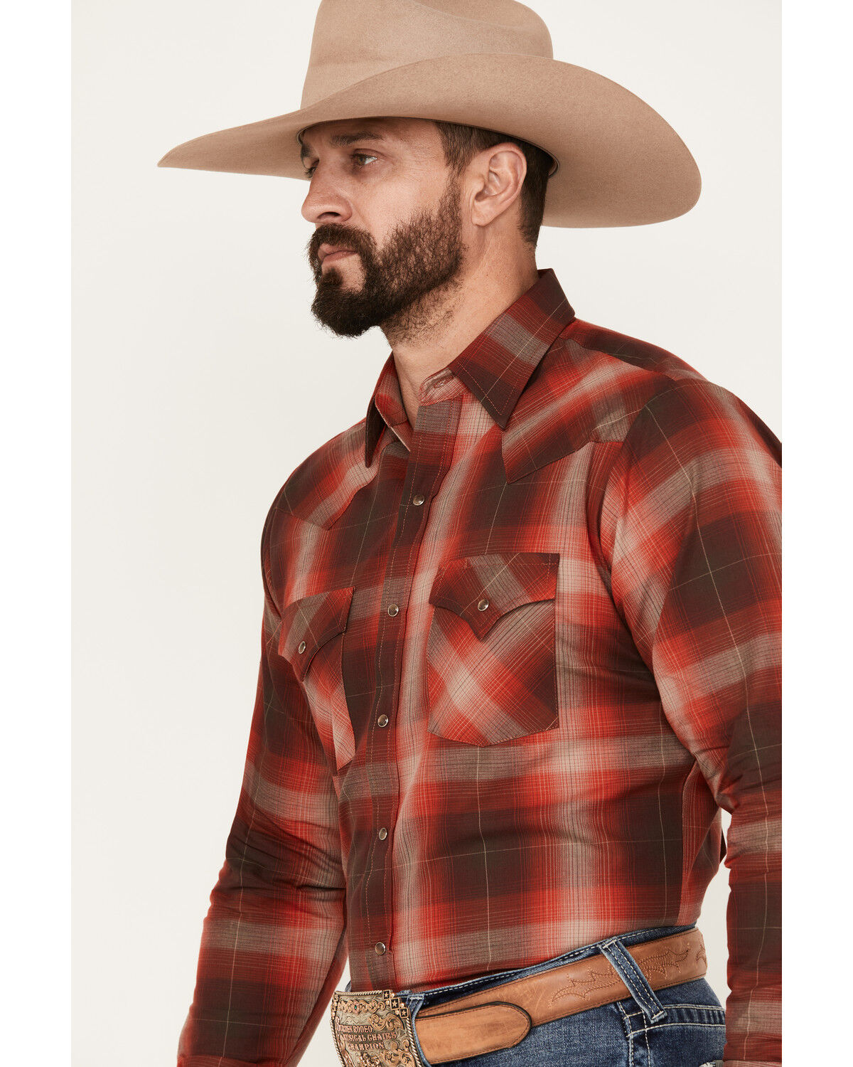 Image #2 - Ely Walker Men's Plaid Print Long Sleeve Snap Western Shirt, Rust Copper, hi-res