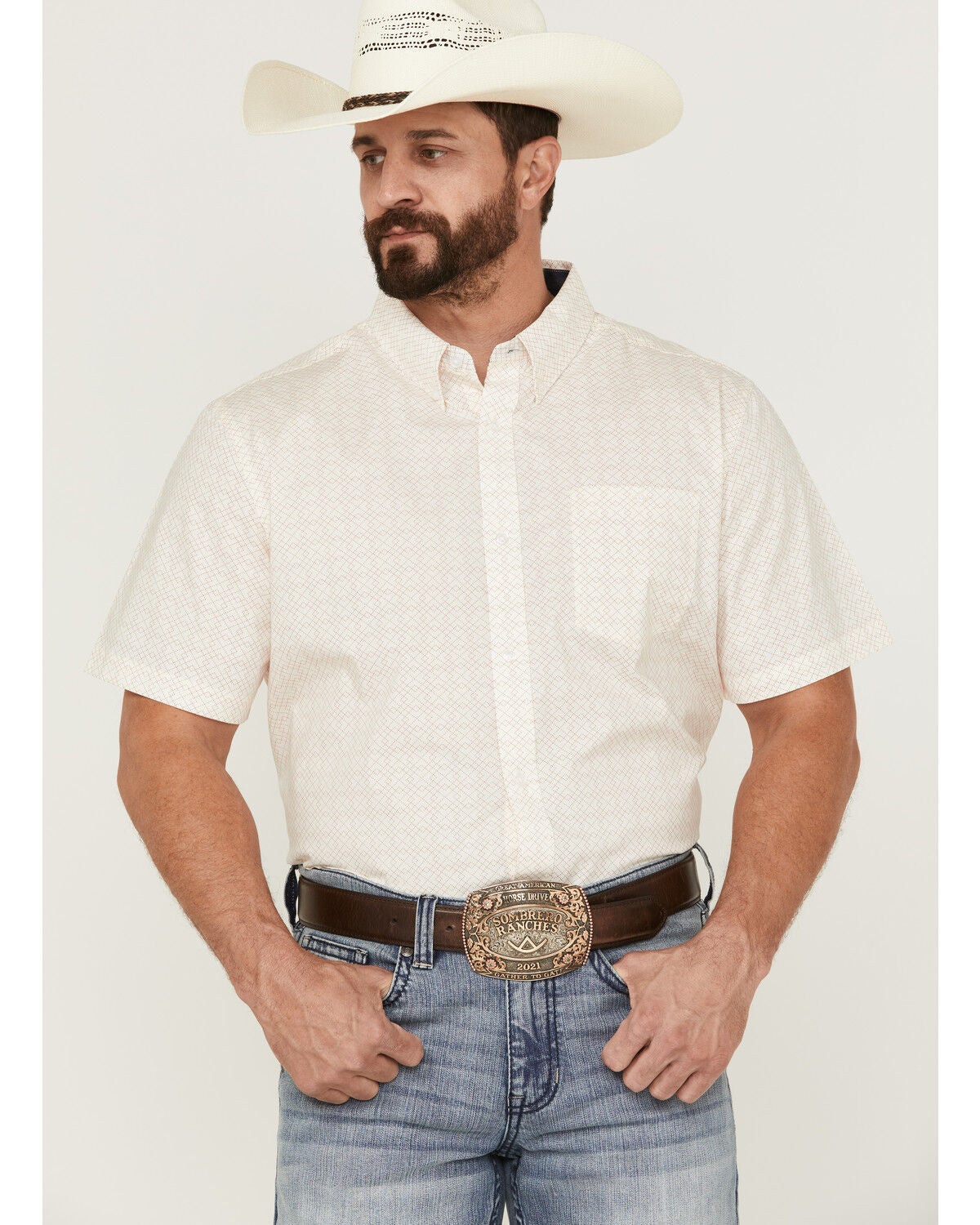 RANK 45&reg; Men's Mustang Geo Print Short Sleeve Button-Down Western Shirt, Cream, hi-res