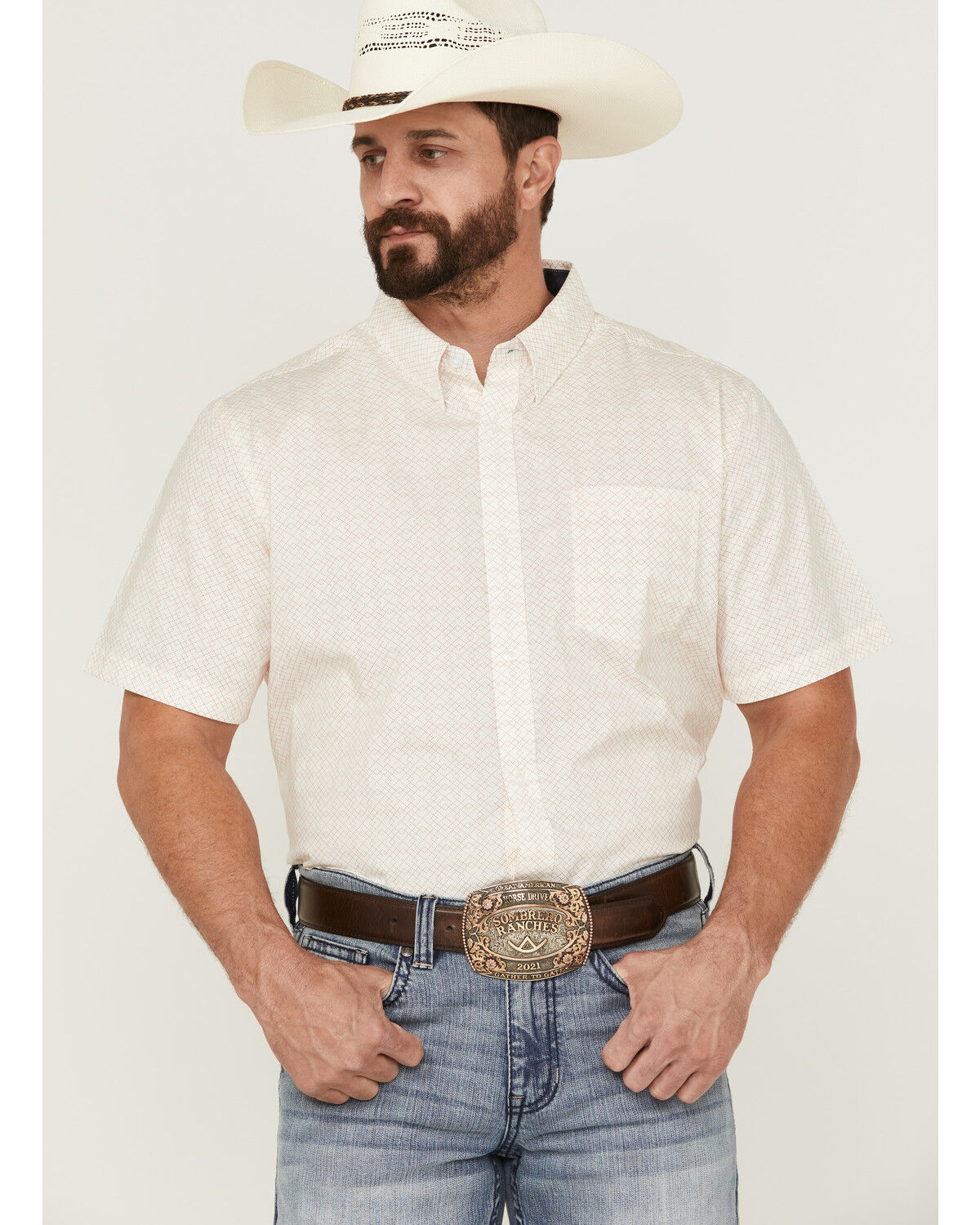 Image #1 - RANK 45® Men's Mustang Geo Print Short Sleeve Button-Down Western Shirt, Cream, hi-res