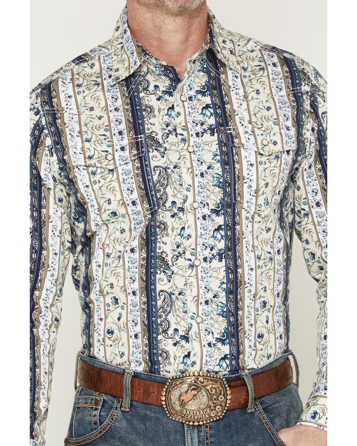 Image #3 - Wrangler Retro Men's Premium Paisley Striped Long Sleeve Snap Western Shirt, Cream, hi-res