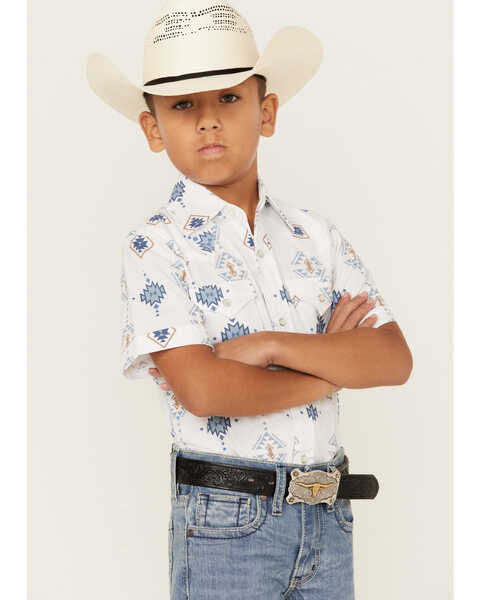 Image #2 - Ely Walker Boys' Southwestern Print Short Sleeve Pearl Snap Western Shirt , White, hi-res