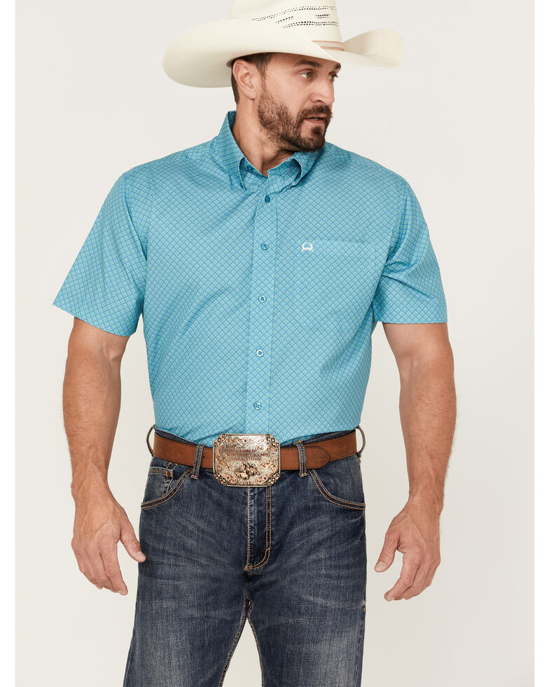 Cinch Men's Arena Flex Diamond Geo Print Short Sleeve Button-Down Western Shirt , Blue, hi-res