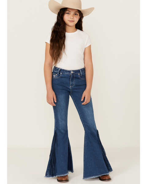 Cowgirl Hardware Girls' Fringe Bell Bottom Stretch Denim Jeans , Blue, hi-res