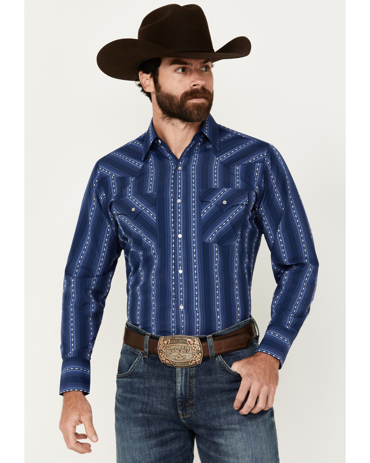 Image #1 - Ely Walker Men's Southwestern Striped Print Long Sleeve Pearl Snap Western Shirt, Navy, hi-res