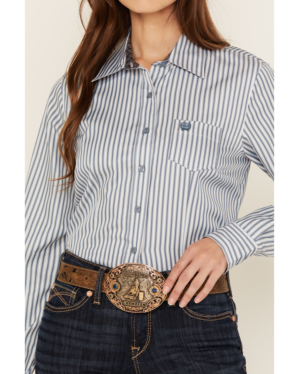 Image #3 - Cinch Women's Striped Long Sleeve Button-Down Western Shirt, Blue, hi-res