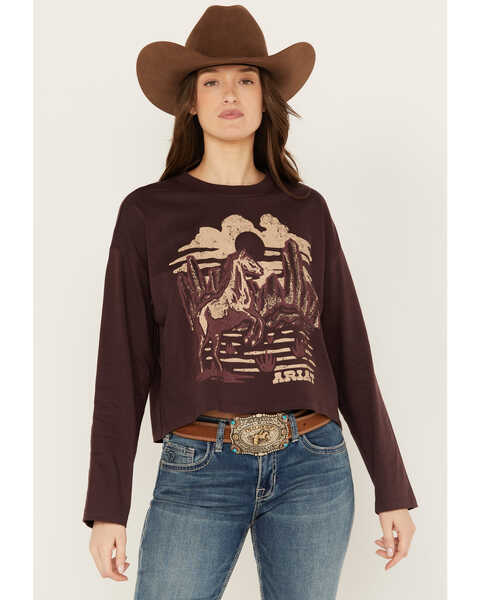 Image #1 - Ariat Women's Desert Horse Cropped Long Sleeve Graphic Tee, Maroon, hi-res