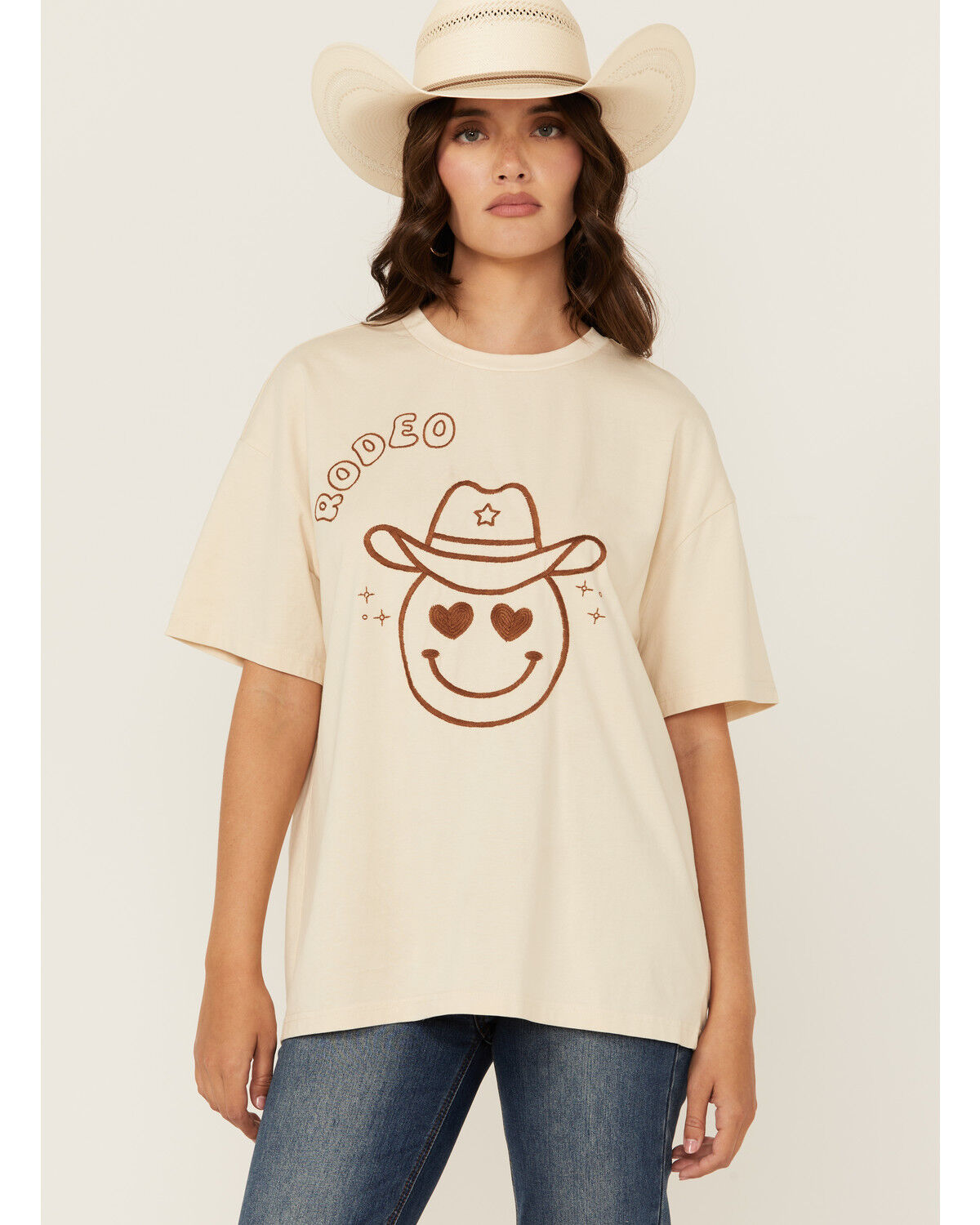 Image #1 - Blue B Women's Embroidered Smiley Rodeo Short Sleeve Graphic Tee, Cream, hi-res