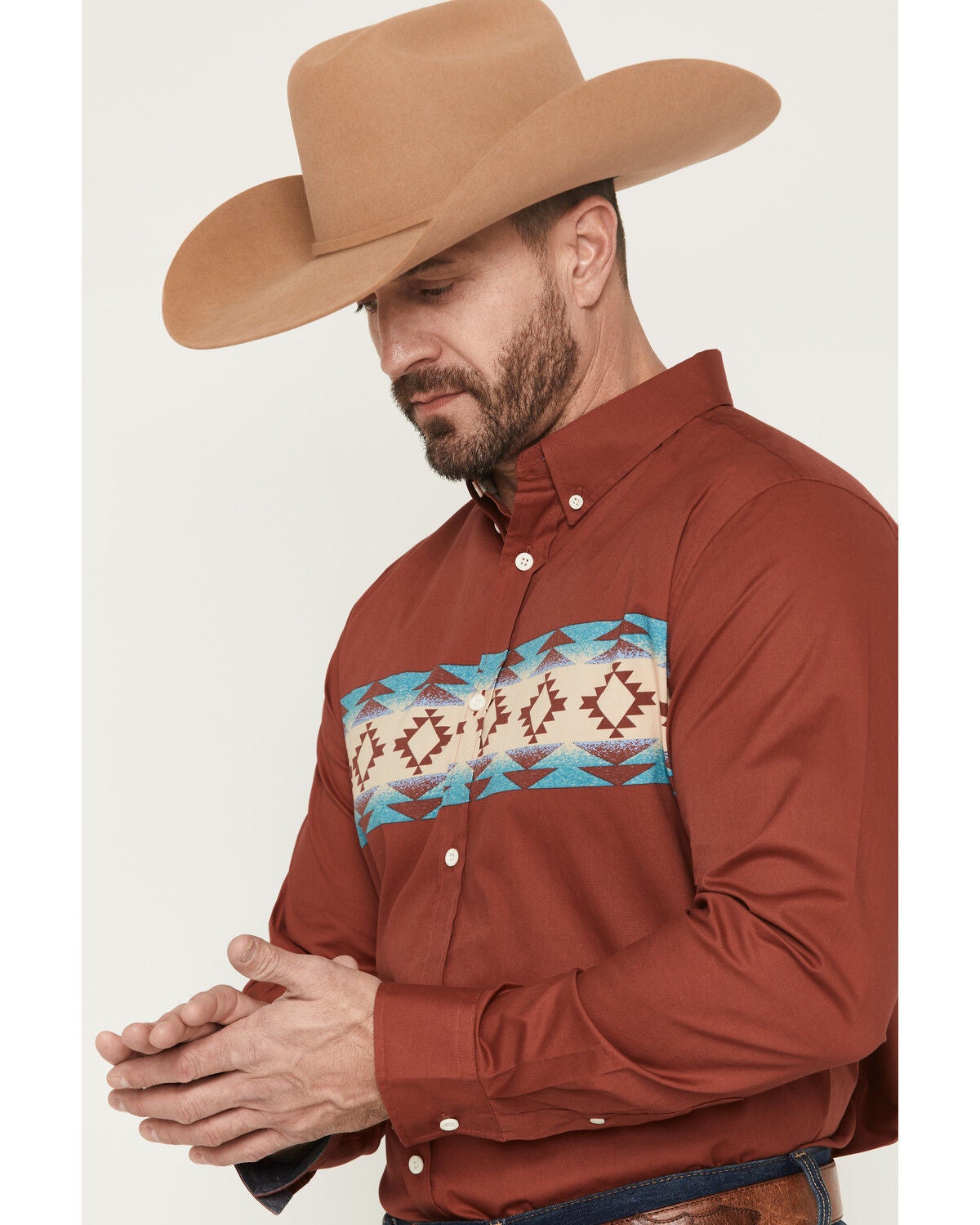 Image #2 - RANK 45&reg; Men's Red Rock Southwestern Border Print Long Sleeve Button-Down Stretch Western Shirt, Chilli, hi-res