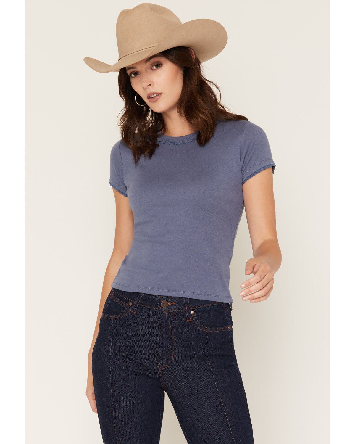 Image #1 - Cleo + Wolf Women's Ruffle Trim Short Sleeve Baby Tee, Blue, hi-res