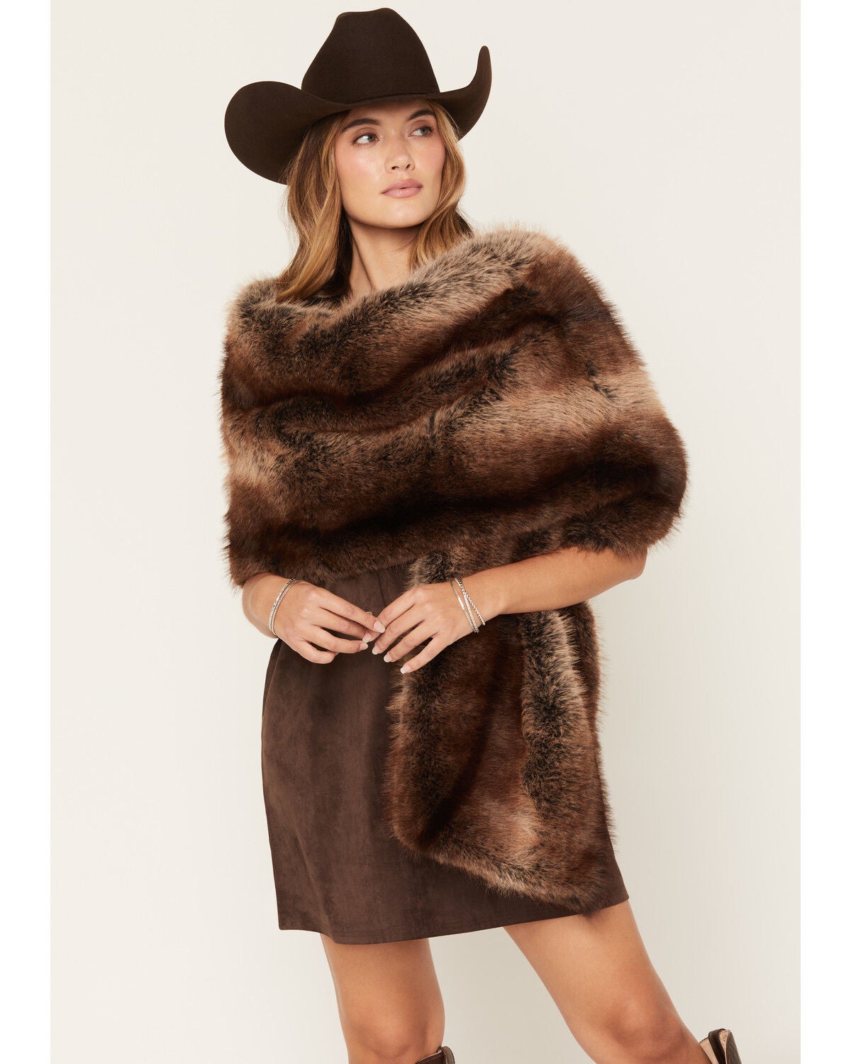 Azalea Wang Women's Starlet Faux Fur Wrap, Brown, hi-res