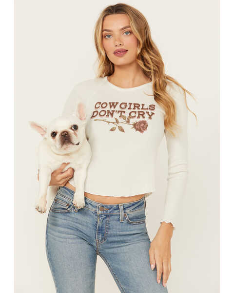 Image #1 - La La Land Women's Cowgirls Don't Cry Long Sleeve Thermal Graphic Tee, Ivory, hi-res