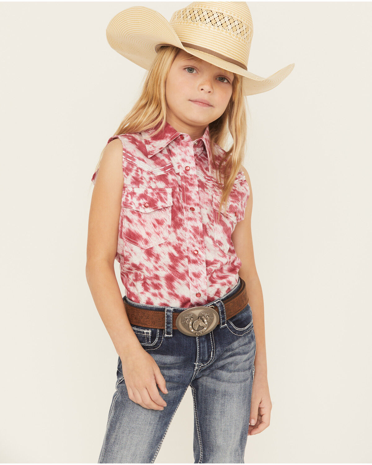 Image #1 - Cowgirl Hardware Girls' Cowhide Print Sleeveless Snap Stretch Western Shirt, Pink, hi-res
