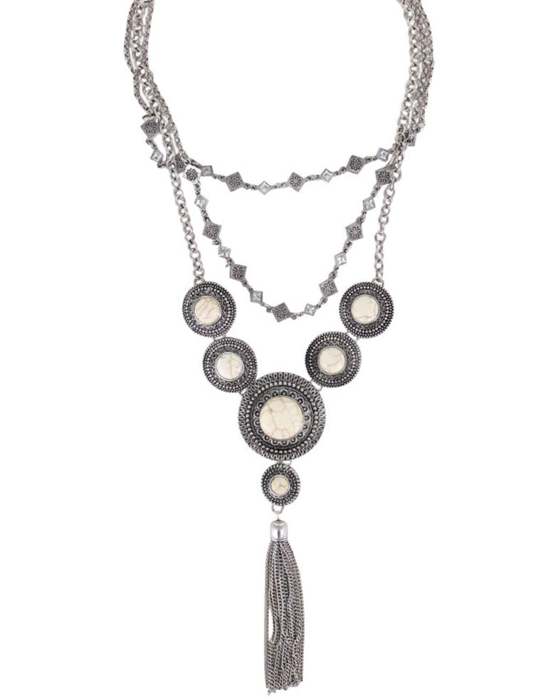 Shyanne Women's Concho Layered Tassel Necklace, Silver, hi-res
