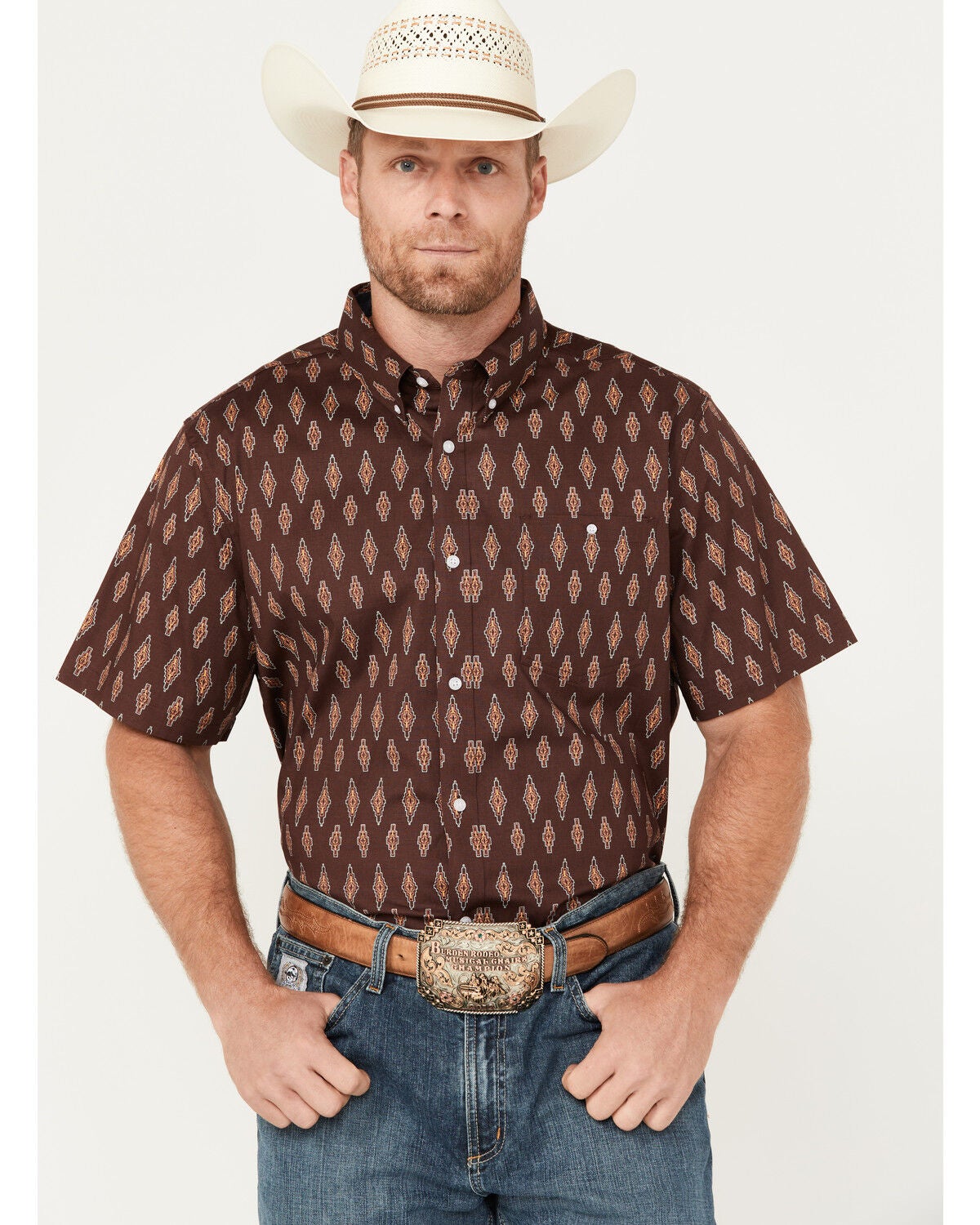 Image #1 - RANK 45&reg; Men's Cash Geo Print Short Sleeve Button-Down Stretch Western Shirt, Brown, hi-res