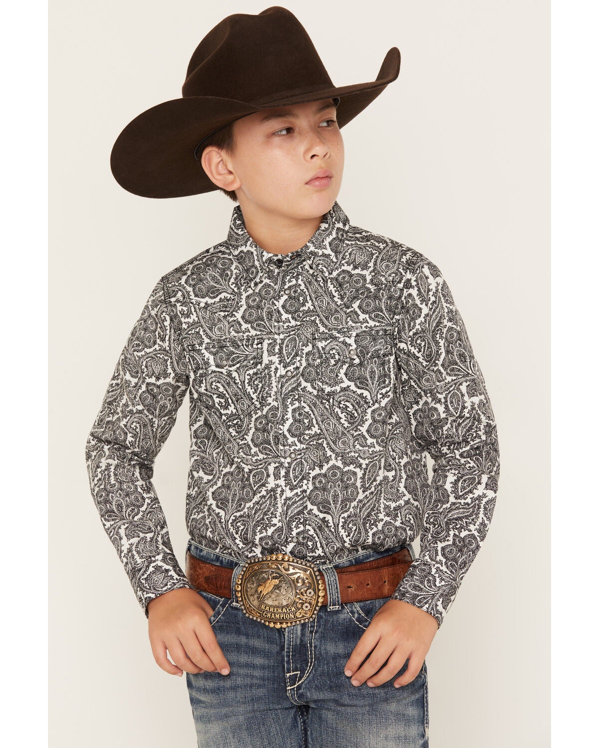 Cody James Boys' Botanical Paisley Print Long Sleeve Snap Western Shirt, Black, hi-res